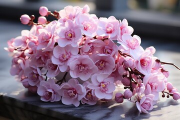  a close up of a bunch of pink flowers on a table with a blurry back ground in the background.