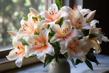  a vase filled with white and orange flowers sitting on a window sill next to a large window sill.