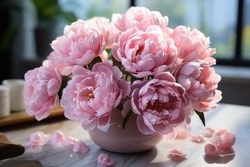  a vase filled with pink flowers sitting on top of a table next to a vase filled with pink peonies.