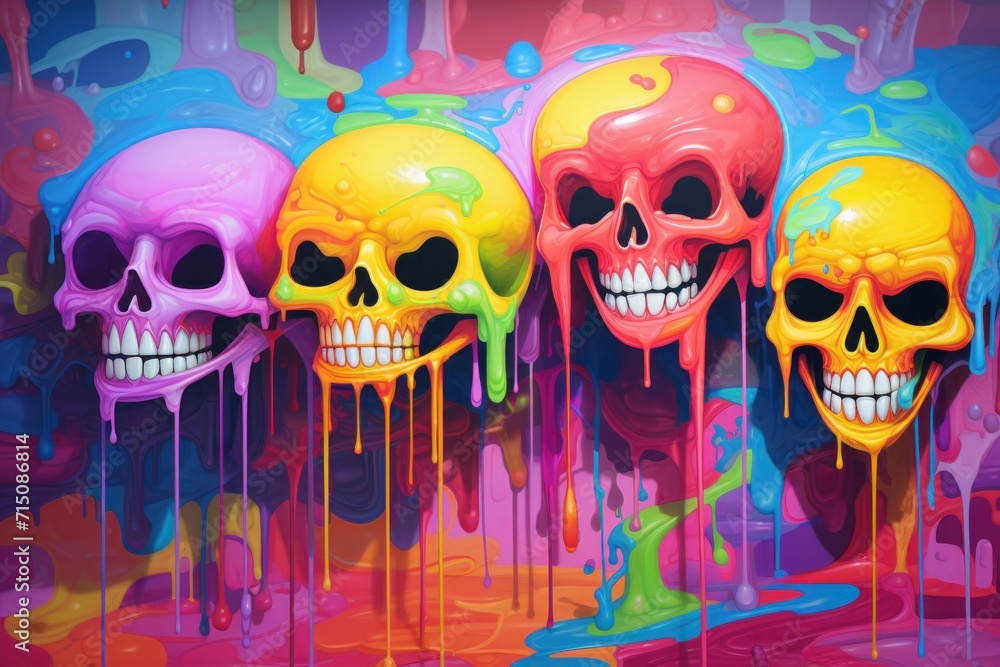 Poster a group of colorful skulls sitting next to each other in front of a painting of multicolored drippin