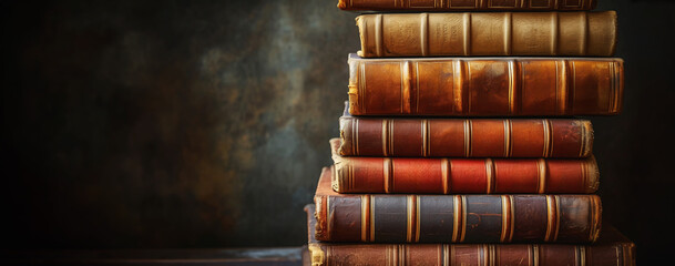 Banner or header image with stack of antique leather books in library. literature or reading concept. - obrazy, fototapety, plakaty