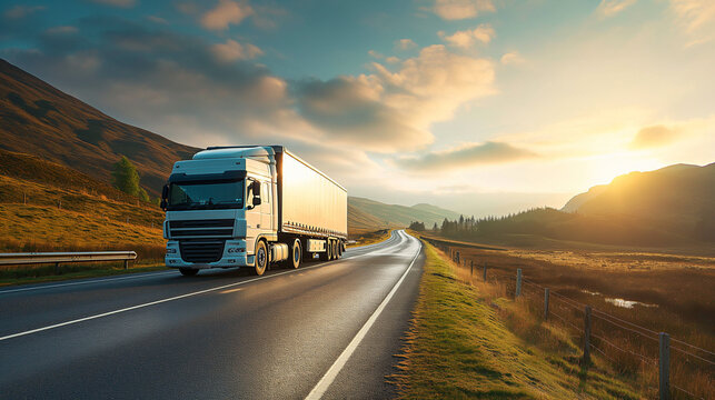 Cargo truck on mountain highway, sunset horizon, freight delivery, logistics industry, scenic transport, road trip, commercial logistics, evening light.