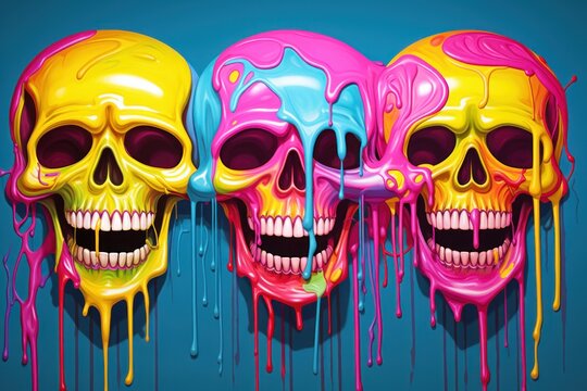  a painting of three skulls with different colors of paint dripping down the side of each skull, with a blue background.