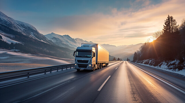 A semi truck speeds along a mountainous highway at sunset, showcasing a blend of industry and natural beauty in winter..