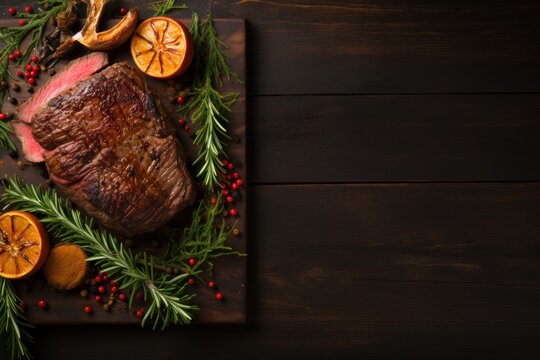  a piece of meat sitting on top of a wooden cutting board next to oranges and a sprig of rosemary.