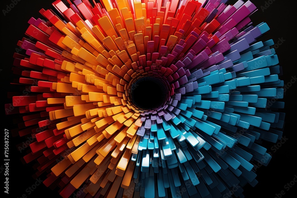 Poster a multicolored circular object is shown in the middle of a black background with a black hole in the