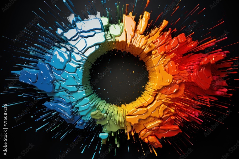 Poster an image of a rainbow colored object in the middle of a circle of paint splattered on a black backgr
