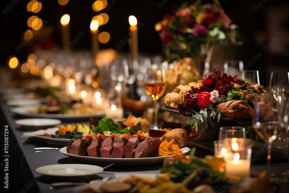 Poster  a long table with many plates of food on it and candles in the middle of the table and candles in the middle of the table.