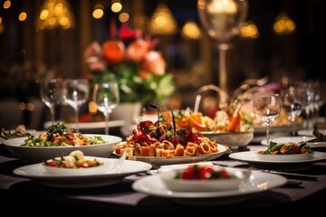  a close up of plates of food on a table with wine glasses and a vase of flowers in the background.