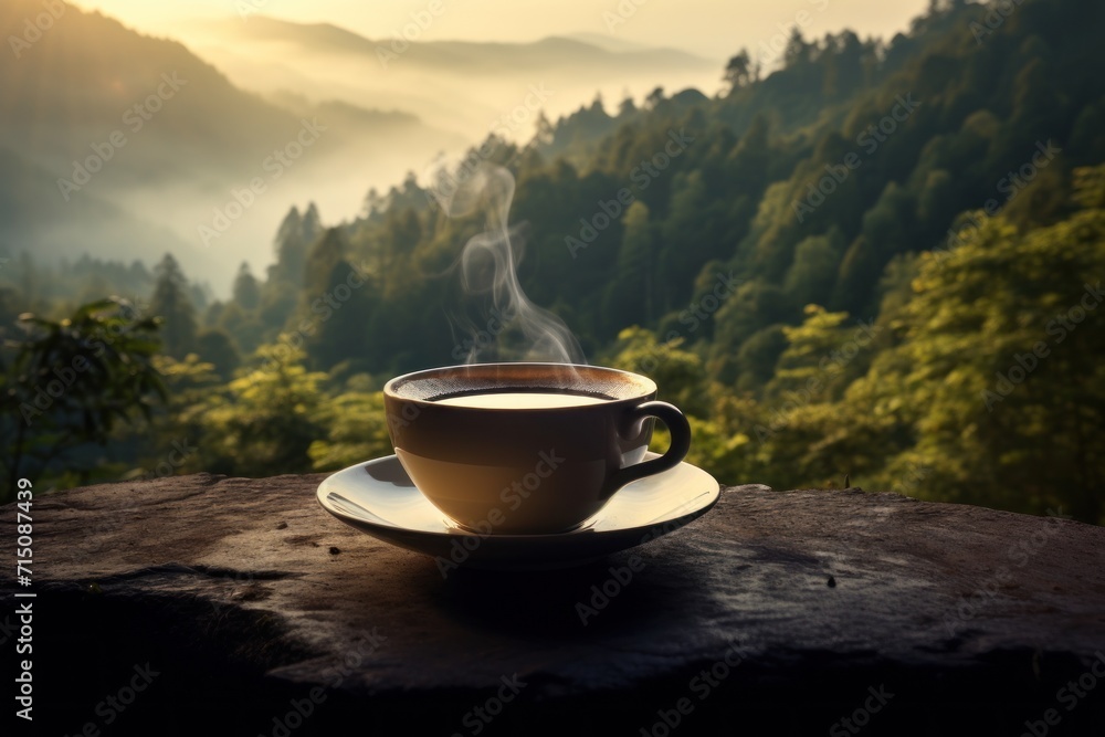 Poster a cup of coffee sitting on top of a wooden table with a view of mountains and trees in the backgroun