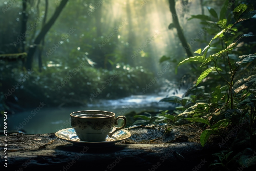 Poster a cup of coffee sitting on top of a saucer in the middle of a forest with a stream running through i