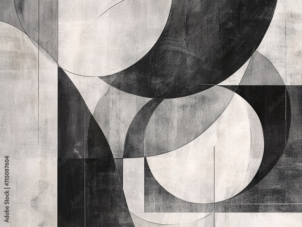 Poster monochrome abstract art with interlacing circles and soft texture overlays. black and white digital 