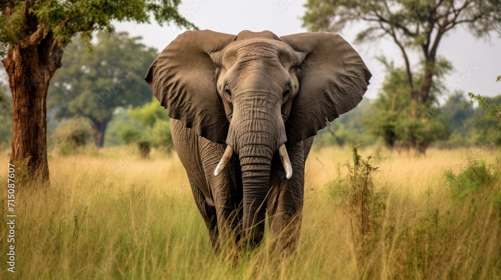 Poster an elephant walking through a grassy field with trees in the background and a sky filled with clouds