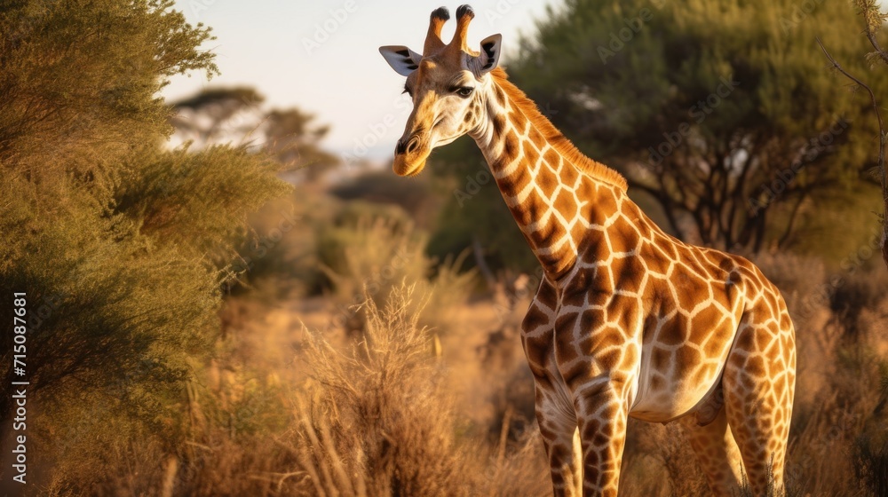 Poster a giraffe standing in the middle of a field with tall grass and trees in the background on a sunny d