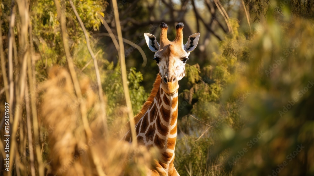 Poster a close up of a giraffe in a field of tall grass with trees and bushes in the background.