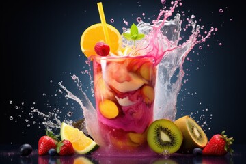  a fruit drink with a splash of water on top of it, surrounded by sliced fruit and kiwis.