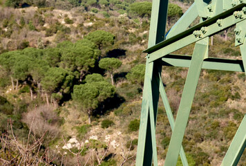 Bolts on a structure of an electric pylon with green paint in a natural place