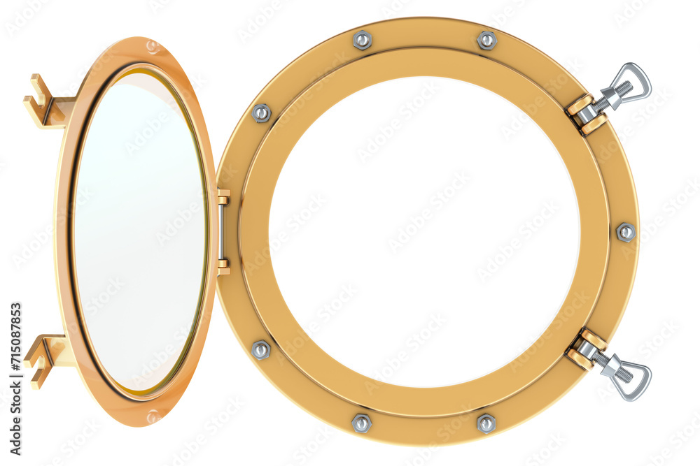 Poster opened ship porthole, 3d rendering isolated on transparent background