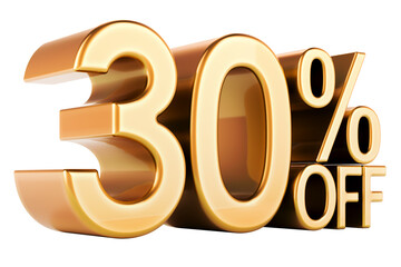 30 percent discount. Golden 30 percent off, text. Discount and sale, concept. 3D rendering isolated on transparent background