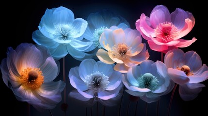  a group of colorful flowers sitting on top of a black table next to a blue and pink flower head on top of a white and pink flower head.