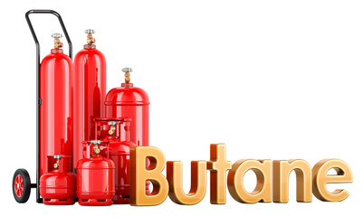 Set of butane gas cylinders with hand truck, 3D rendering isolated on transparent background - obrazy, fototapety, plakaty