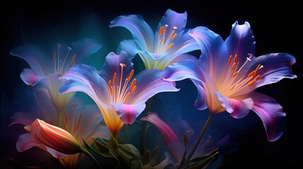  a close up of a bunch of flowers on a black background with a blue and yellow light in the background.