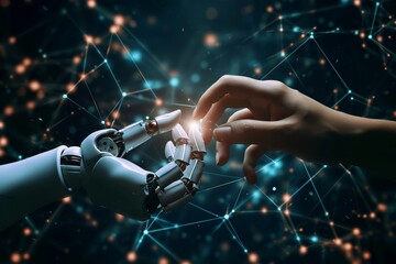 AI, Machine learning, Hands of robot and human touching on big data network connection background, Science and artificial intelligence technology, innovation and futuristic - obrazy, fototapety, plakaty