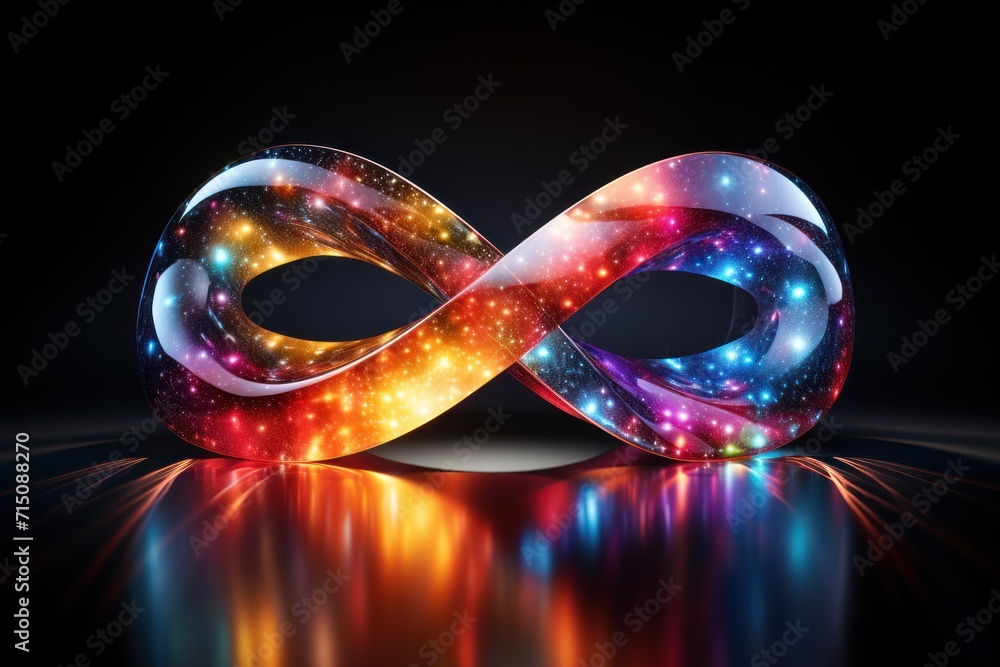 Poster an abstract image of an infinite sign with colorful lights and sparkles on a black background with a