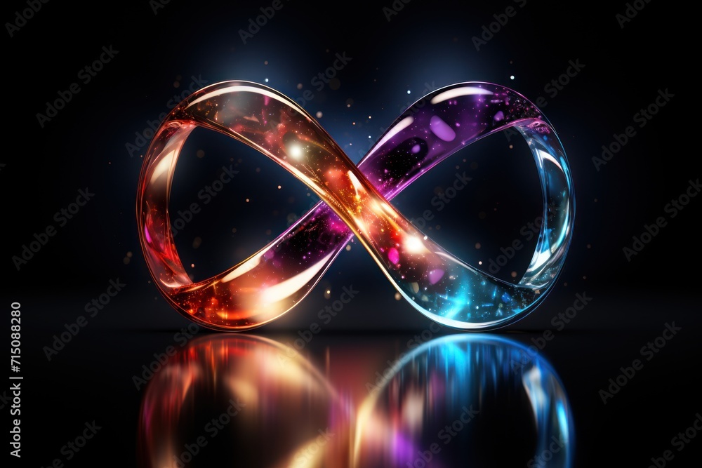 Poster an image of a shiny object that looks like an infinite sign on a black background with a reflection 