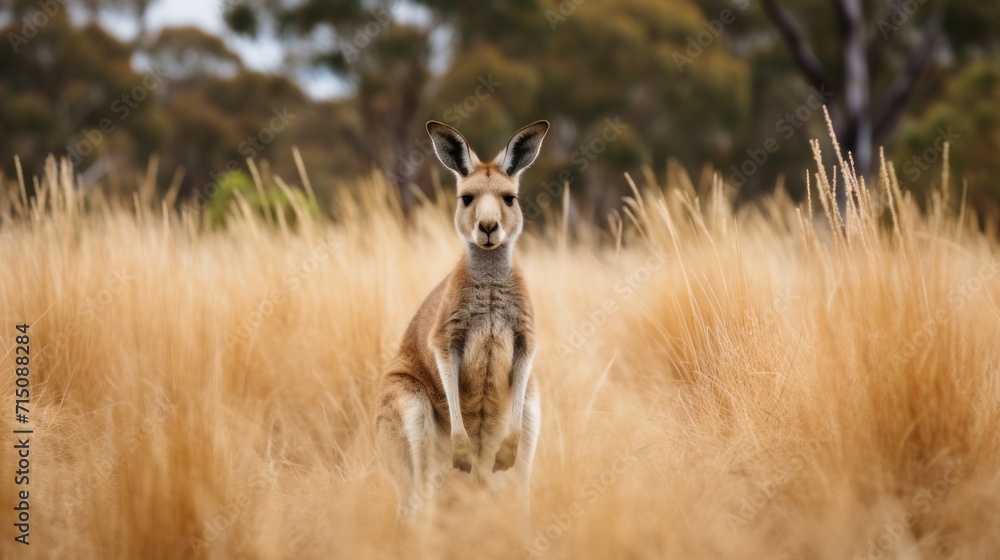 Poster a close up of a kangaroo in a field of tall grass with trees in the back ground and trees in the bac