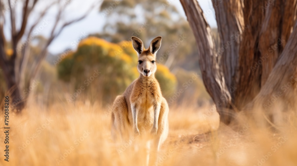 Poster a close up of a kangaroo in a field of tall grass with trees in the background and a sky in the back