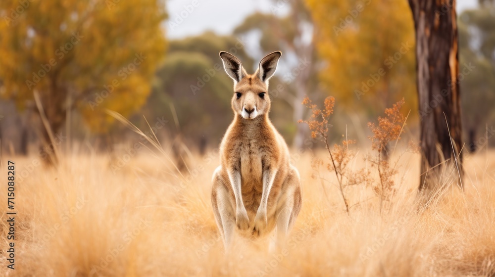 Poster a close up of a kangaroo in a field of tall grass with trees in the background and a blurry sky in t