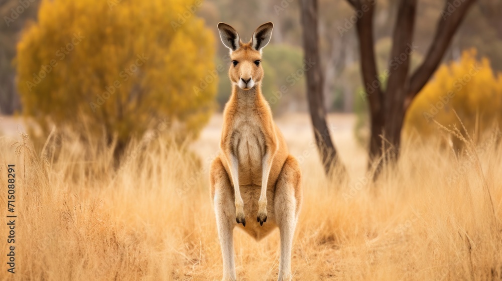 Poster a kangaroo standing on its hind legs in the middle of a field with tall grass and trees in the backg