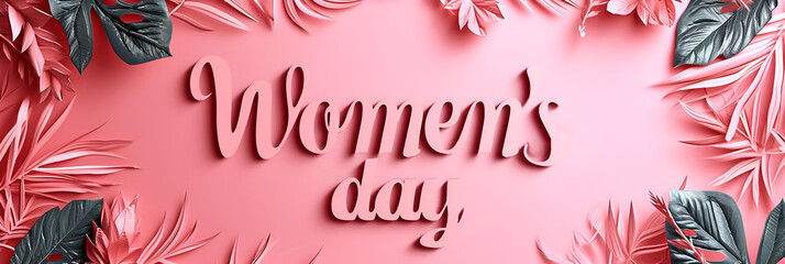 Stylish banner, greeting card with the inscription Happy Women's Day on a pink background and flowers.