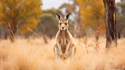  a close up of a kangaroo in a field of tall grass with trees in the background and a blurry sky in the background.