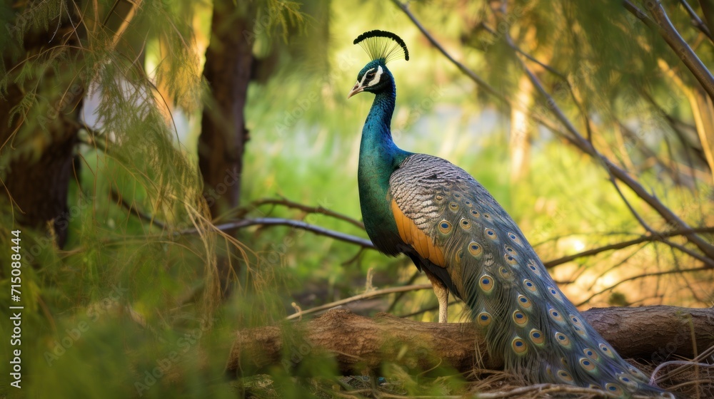 Poster a peacock standing on top of a tree branch next to a forest filled with lots of green grass and tree