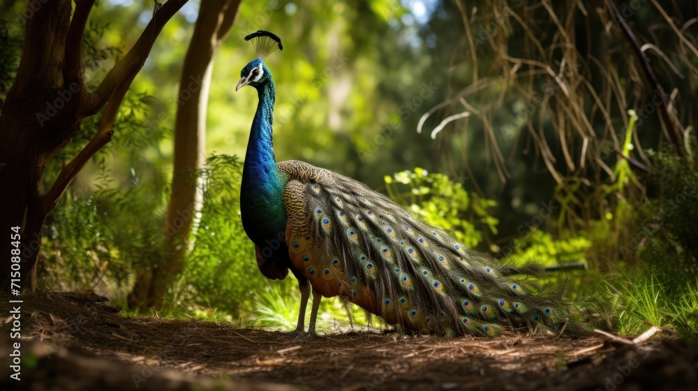 Poster a peacock standing in the middle of a forest with its feathers spread out and it's head turned to th