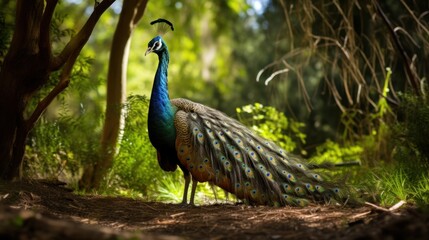  a peacock standing in the middle of a forest with its feathers spread out and it's head turned to the side.