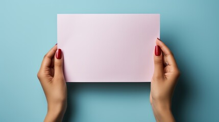  a woman's hands holding a piece of pink paper over a blue background with a red nail polish on it.