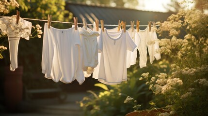  a line of t - shirts hanging on a clothes line in front of a house with white flowers in the foreground.