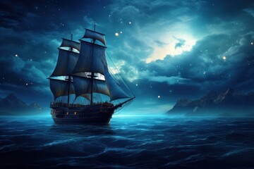  a sailing ship in the middle of a body of water at night with a full moon in the sky above it.
