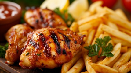 Close-up of succulent grilled chicken breasts served with golden fries - obrazy, fototapety, plakaty