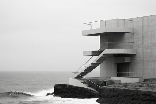  a black and white photo of a building next to the ocean with a staircase going up to the top of the building.