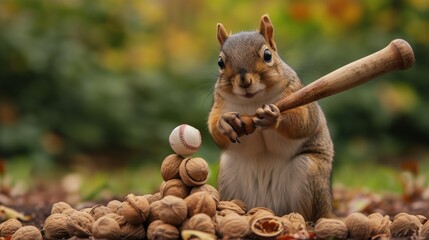 A squirrel holding a baseball bat playing with a pile of nuts