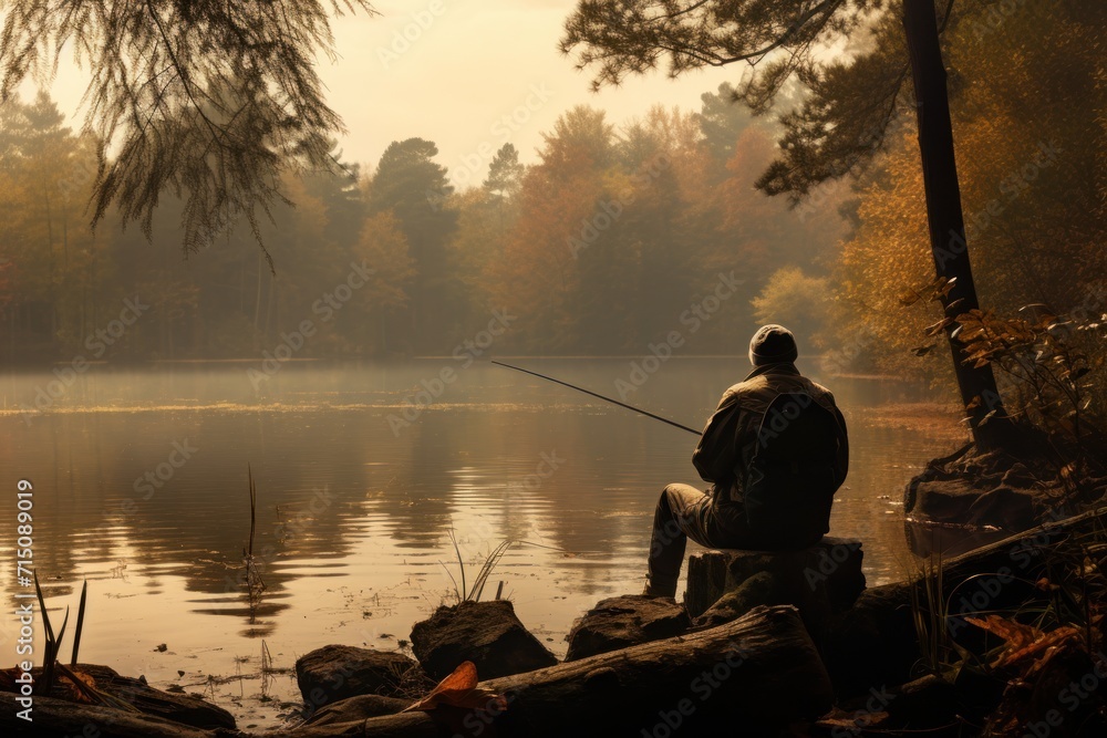 Poster  a man sitting on a log fishing on a lake with a foggy sky in the background and trees in the foreground.