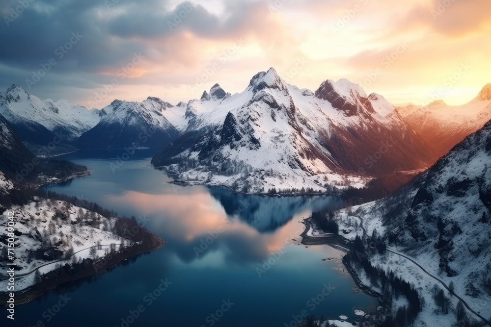Poster an aerial view of a mountain range with a lake in the foreground and snow covered mountains in the b
