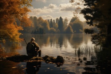  a man sitting on a rock next to a body of water with a fishing pole in his hand and trees in the background.
