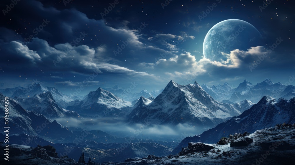 Poster a night scene of a mountain range with a moon in the sky and a distant mountain range in the foregro