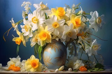  a vase filled with yellow and white flowers on top of a wooden table in front of a blue and white wall.