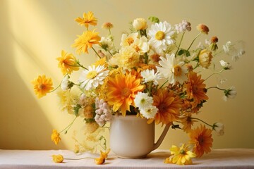  a vase filled with lots of yellow and white flowers on top of a white tablecloth covered table next to a yellow wall.